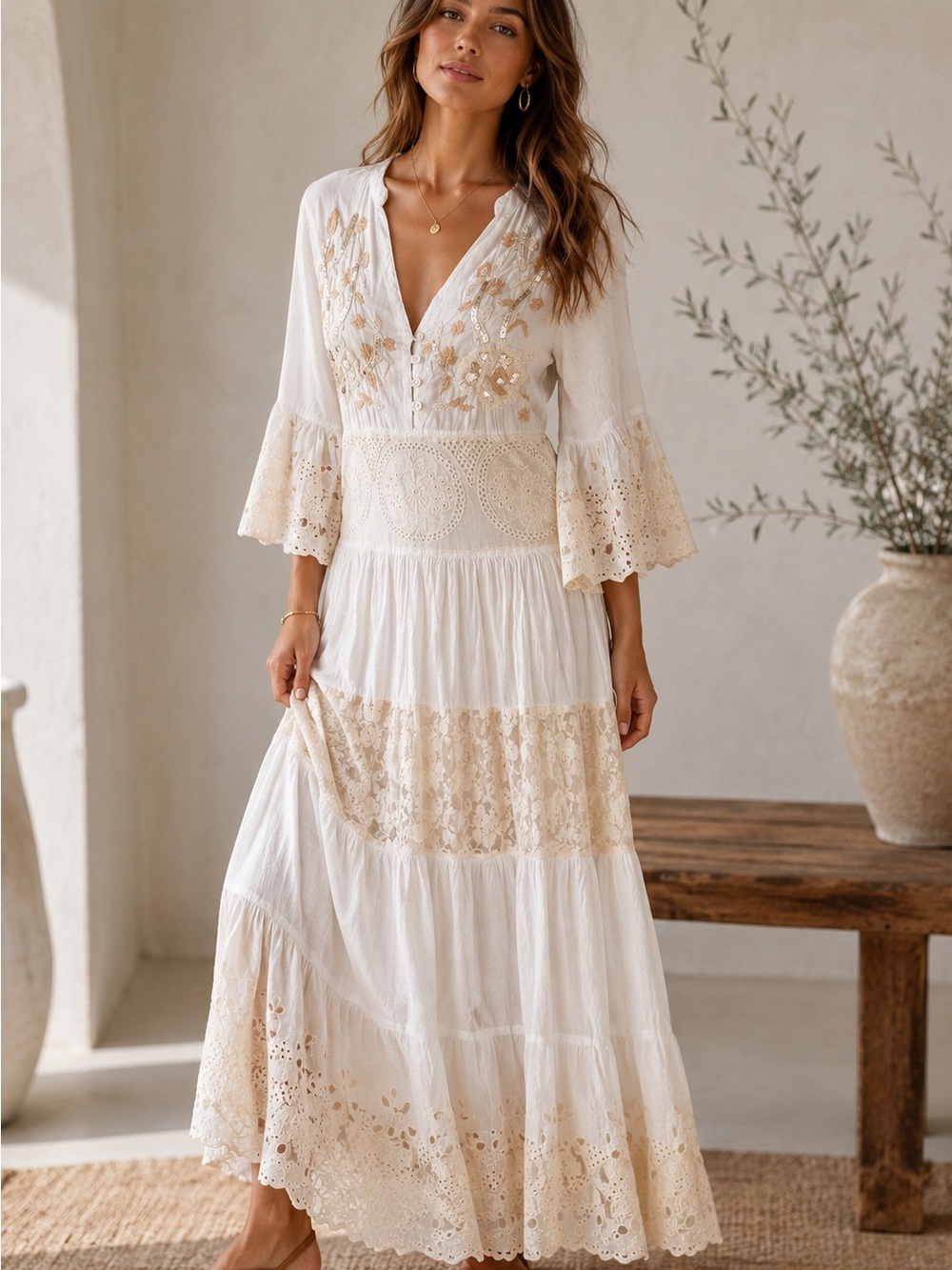 Bohemian Embroidered Lace Maxi Dress in White and Cream